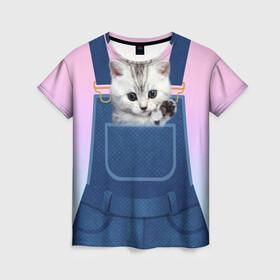 Женская футболка 3D с принтом Котенок в кармане в Санкт-Петербурге, 100% полиэфир ( синтетическое хлопкоподобное полотно) | прямой крой, круглый вырез горловины, длина до линии бедер | в кармане | в кармашке | животные | комбинезон | кот | котенок | котик | кошка
