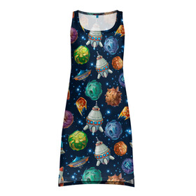 Платье-майка 3D с принтом Мультяшные планеты в Санкт-Петербурге, 100% полиэстер | полуприлегающий силуэт, широкие бретели, круглый вырез горловины, удлиненный подол сзади. | space | арт | звезды | корабли | космос | планеты | ракеты | созвездия