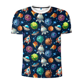 Мужская футболка 3D спортивная с принтом Мультяшные планеты в Санкт-Петербурге, 100% полиэстер с улучшенными характеристиками | приталенный силуэт, круглая горловина, широкие плечи, сужается к линии бедра | space | арт | звезды | корабли | космос | планеты | ракеты | созвездия