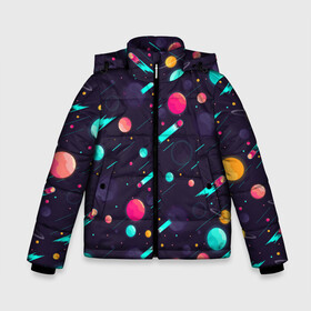 Зимняя куртка для мальчиков 3D с принтом Космические движения комет в Санкт-Петербурге, ткань верха — 100% полиэстер; подклад — 100% полиэстер, утеплитель — 100% полиэстер | длина ниже бедра, удлиненная спинка, воротник стойка и отстегивающийся капюшон. Есть боковые карманы с листочкой на кнопках, утяжки по низу изделия и внутренний карман на молнии. 

Предусмотрены светоотражающий принт на спинке, радужный светоотражающий элемент на пуллере молнии и на резинке для утяжки | space | арт | звезды | кометы | космос | метеориты | планеты | созвездия