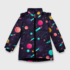 Зимняя куртка для девочек 3D с принтом Космические движения комет в Санкт-Петербурге, ткань верха — 100% полиэстер; подклад — 100% полиэстер, утеплитель — 100% полиэстер. | длина ниже бедра, удлиненная спинка, воротник стойка и отстегивающийся капюшон. Есть боковые карманы с листочкой на кнопках, утяжки по низу изделия и внутренний карман на молнии. 

Предусмотрены светоотражающий принт на спинке, радужный светоотражающий элемент на пуллере молнии и на резинке для утяжки. | space | арт | звезды | кометы | космос | метеориты | планеты | созвездия