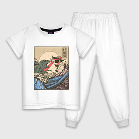 Детская пижама хлопок с принтом Cat Kong versus Godzilla Kaiju в Санкт-Петербурге, 100% хлопок |  брюки и футболка прямого кроя, без карманов, на брюках мягкая резинка на поясе и по низу штанин
 | catzilla | japan | kitty | poster parody | samurai | ukiyo e | wave | арт | большая волна | гигантский котёнок | гигантский монстр | годзилла против кинг конга | кайдзю | кот | котзилла | котик | котята | пародия на постер
