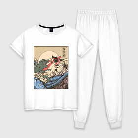 Женская пижама хлопок с принтом Cat Kong versus Godzilla Kaiju в Санкт-Петербурге, 100% хлопок | брюки и футболка прямого кроя, без карманов, на брюках мягкая резинка на поясе и по низу штанин | Тематика изображения на принте: catzilla | japan | kitty | poster parody | samurai | ukiyo e | wave | арт | большая волна | гигантский котёнок | гигантский монстр | годзилла против кинг конга | кайдзю | кот | котзилла | котик | котята | пародия на постер