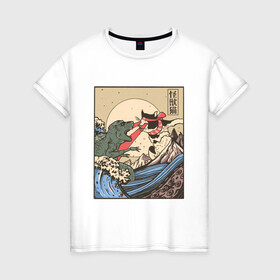 Женская футболка хлопок с принтом Cat Kong versus Godzilla Kaiju в Санкт-Петербурге, 100% хлопок | прямой крой, круглый вырез горловины, длина до линии бедер, слегка спущенное плечо | catzilla | japan | kitty | poster parody | samurai | ukiyo e | wave | арт | большая волна | гигантский котёнок | гигантский монстр | годзилла против кинг конга | кайдзю | кот | котзилла | котик | котята | пародия на постер