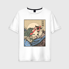 Женская футболка хлопок Oversize с принтом Cat Kong versus Godzilla Kaiju в Санкт-Петербурге, 100% хлопок | свободный крой, круглый ворот, спущенный рукав, длина до линии бедер
 | catzilla | japan | kitty | poster parody | samurai | ukiyo e | wave | арт | большая волна | гигантский котёнок | гигантский монстр | годзилла против кинг конга | кайдзю | кот | котзилла | котик | котята | пародия на постер