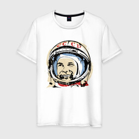 Мужская футболка хлопок с принтом Быть первым как Юрий Гагарин в Санкт-Петербурге, 100% хлопок | прямой крой, круглый вырез горловины, длина до линии бедер, слегка спущенное плечо. | Тематика изображения на принте: астронавт | восток1 | гагарин | земля | космонавт | космос | планеты | юрий