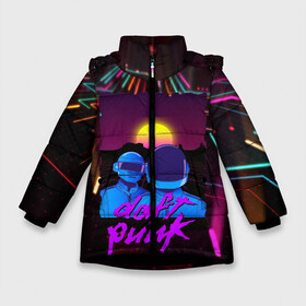 Зимняя куртка для девочек 3D с принтом Daft Punk Electrix в Санкт-Петербурге, ткань верха — 100% полиэстер; подклад — 100% полиэстер, утеплитель — 100% полиэстер. | длина ниже бедра, удлиненная спинка, воротник стойка и отстегивающийся капюшон. Есть боковые карманы с листочкой на кнопках, утяжки по низу изделия и внутренний карман на молнии. 

Предусмотрены светоотражающий принт на спинке, радужный светоотражающий элемент на пуллере молнии и на резинке для утяжки. | by craig drake | daft punk | madeinkipish | thomas bangalter | дафт панк | маски | тома и ги мануэль