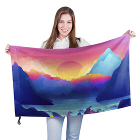 Флаг 3D с принтом Красочные Горы в Санкт-Петербурге, 100% полиэстер | плотность ткани — 95 г/м2, размер — 67 х 109 см. Принт наносится с одной стороны | горы | красочные горы | минимализм | море | небо | природа | рисунок | солнце