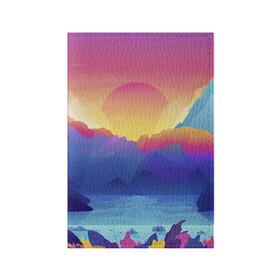 Обложка для паспорта матовая кожа с принтом Красочные Горы в Санкт-Петербурге, натуральная матовая кожа | размер 19,3 х 13,7 см; прозрачные пластиковые крепления | Тематика изображения на принте: горы | красочные горы | минимализм | море | небо | природа | рисунок | солнце