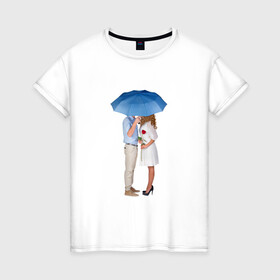 Женская футболка хлопок с принтом Любовь в Санкт-Петербурге, 100% хлопок | прямой крой, круглый вырез горловины, длина до линии бедер, слегка спущенное плечо | женщина | зонтик | любовь | мужчина | пара