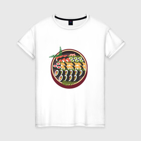 Женская футболка хлопок с принтом Сет суши в Санкт-Петербурге, 100% хлопок | прямой крой, круглый вырез горловины, длина до линии бедер, слегка спущенное плечо | гунканы | здоровая пища | роллы | японская еда