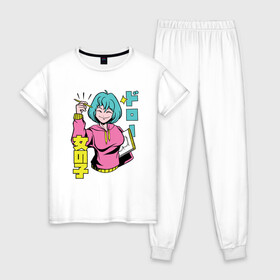 Женская пижама хлопок с принтом Аниме девочка художник в Санкт-Петербурге, 100% хлопок | брюки и футболка прямого кроя, без карманов, на брюках мягкая резинка на поясе и по низу штанин | anime | anime merch | artist | artistic | chilled cow | girl | japan | kanji | kawaii | lo fi hip hop | lofi girl | manga | painter | woman | women | автор | аниме мерч | девочка | дизайнер | женщина | кавайи | кандзи | манга | рисунок | япония