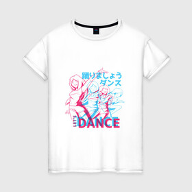 Женская футболка хлопок с принтом Anime Neon Dance в Санкт-Петербурге, 100% хлопок | прямой крой, круглый вырез горловины, длина до линии бедер, слегка спущенное плечо | 3d | 3д | anaglyph | anime | cyan | girl | girls | japan | japanese | lets dance | manga | анаглиф | давайте танцевать | девочки | девушки | кандзи | манга | неоновая графика | неоновые огни | неоновый принт | символы | танец | танцы