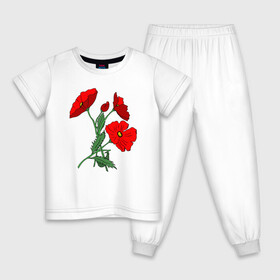 Детская пижама хлопок с принтом Букет маковых цветов в Санкт-Петербурге, 100% хлопок |  брюки и футболка прямого кроя, без карманов, на брюках мягкая резинка на поясе и по низу штанин
 | Тематика изображения на принте: flowers | nature | poppies | алые | арт | букет | бутоны | весна | ветки | зелень | красные маки | красные цветы | лепестки | лето | листья | любовь | маки | подарок | полевые цветы | природа | растения | рисунок | сад