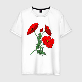 Мужская футболка хлопок с принтом Букет маковых цветов в Санкт-Петербурге, 100% хлопок | прямой крой, круглый вырез горловины, длина до линии бедер, слегка спущенное плечо. | Тематика изображения на принте: flowers | nature | poppies | алые | арт | букет | бутоны | весна | ветки | зелень | красные маки | красные цветы | лепестки | лето | листья | любовь | маки | подарок | полевые цветы | природа | растения | рисунок | сад