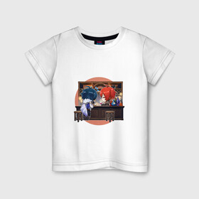 Детская футболка хлопок с принтом Таверна Дилюка и Кэйа в Санкт-Петербурге, 100% хлопок | круглый вырез горловины, полуприлегающий силуэт, длина до линии бедер | арт | бар | боевой парень | дилюк | кейа | кэйа | милый парень | рисунок | таверна