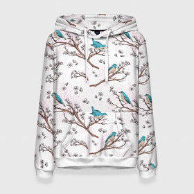 Женская толстовка 3D с принтом Птички весной на ветках Сакуры в Санкт-Петербурге, 100% полиэстер  | двухслойный капюшон со шнурком для регулировки, мягкие манжеты на рукавах и по низу толстовки, спереди карман-кенгуру с мягким внутренним слоем. | bird | birds | branch | cherry blossom | japan | japanese | pattern | plum | sakura | spring | tree | весна | ветки | вишня | дерево | дрозды | на ветках | паттерн | птица | синий дрозд | слива | узор | ханами | цветение сакуры | япония