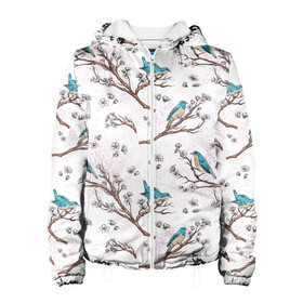 Женская куртка 3D с принтом Птички весной на ветках Сакуры в Санкт-Петербурге, ткань верха — 100% полиэстер, подклад — флис | прямой крой, подол и капюшон оформлены резинкой с фиксаторами, два кармана без застежек по бокам, один большой потайной карман на груди. Карман на груди застегивается на липучку | bird | birds | branch | cherry blossom | japan | japanese | pattern | plum | sakura | spring | tree | весна | ветки | вишня | дерево | дрозды | на ветках | паттерн | птица | синий дрозд | слива | узор | ханами | цветение сакуры | япония