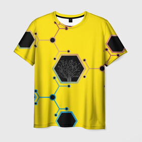 Мужская футболка 3D с принтом Cyborg Q в Санкт-Петербурге, 100% полиэфир | прямой крой, круглый вырез горловины, длина до линии бедер | chip | geometry | дерево | киборг | нейросеть | схема