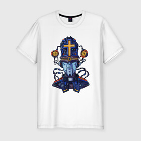 Мужская футболка хлопок Slim с принтом Пастыри андроид в Санкт-Петербурге, 92% хлопок, 8% лайкра | приталенный силуэт, круглый вырез ворота, длина до линии бедра, короткий рукав | андроид | крест | меха | пастырь | робо | священник | стимпанк