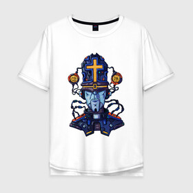 Мужская футболка хлопок Oversize с принтом Пастыри андроид в Санкт-Петербурге, 100% хлопок | свободный крой, круглый ворот, “спинка” длиннее передней части | андроид | крест | меха | пастырь | робо | священник | стимпанк