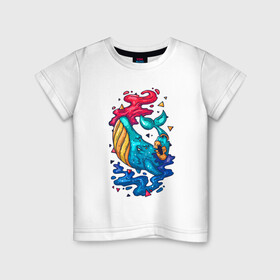 Детская футболка хлопок с принтом Радужный кит в Санкт-Петербурге, 100% хлопок | круглый вырез горловины, полуприлегающий силуэт, длина до линии бедер | волны | звезды | кит | море | радужный