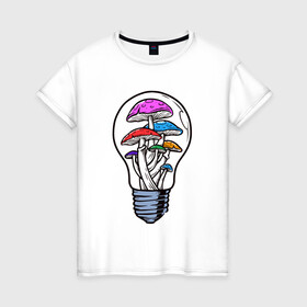 Женская футболка хлопок с принтом Грибы в лампочке в Санкт-Петербурге, 100% хлопок | прямой крой, круглый вырез горловины, длина до линии бедер, слегка спущенное плечо | грибы | лампочка | мухоморы | патрон | поганки
