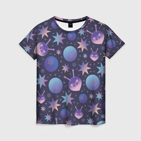 Женская футболка 3D с принтом Космический микс в Санкт-Петербурге, 100% полиэфир ( синтетическое хлопкоподобное полотно) | прямой крой, круглый вырез горловины, длина до линии бедер | галактика | звезда | инопланетянин | космос | лучи | микс | планета