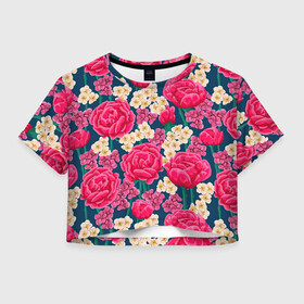 Женская футболка Crop-top 3D с принтом Поле роз в Санкт-Петербурге, 100% полиэстер | круглая горловина, длина футболки до линии талии, рукава с отворотами | арт | белые цветы | белый цветок | красный цветок | поле | поле цветов | рисунок | роза | розы | цветок | цветы