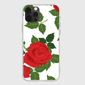 Чехол для iPhone 12 Pro с принтом Большие розы в Санкт-Петербурге, силикон | область печати: задняя сторона чехла, без боковых панелей | Тематика изображения на принте: арт | белый | большие бутоны | большие розы | большой бутон | зелёный | красная роза | красные розы | красные цветы | красный | красный цветок | листок | листья | поле | поле цветов | рисунок | роза