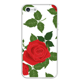 Чехол для iPhone 5/5S матовый с принтом Большие розы в Санкт-Петербурге, Силикон | Область печати: задняя сторона чехла, без боковых панелей | Тематика изображения на принте: арт | белый | большие бутоны | большие розы | большой бутон | зелёный | красная роза | красные розы | красные цветы | красный | красный цветок | листок | листья | поле | поле цветов | рисунок | роза