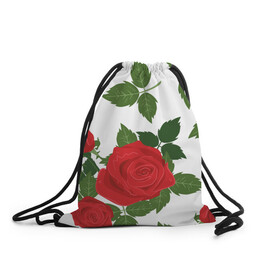 Рюкзак-мешок 3D с принтом Большие розы в Санкт-Петербурге, 100% полиэстер | плотность ткани — 200 г/м2, размер — 35 х 45 см; лямки — толстые шнурки, застежка на шнуровке, без карманов и подкладки | арт | белый | большие бутоны | большие розы | большой бутон | зелёный | красная роза | красные розы | красные цветы | красный | красный цветок | листок | листья | поле | поле цветов | рисунок | роза