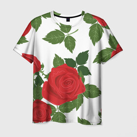 Мужская футболка 3D с принтом Большие розы в Санкт-Петербурге, 100% полиэфир | прямой крой, круглый вырез горловины, длина до линии бедер | арт | белый | большие бутоны | большие розы | большой бутон | зелёный | красная роза | красные розы | красные цветы | красный | красный цветок | листок | листья | поле | поле цветов | рисунок | роза