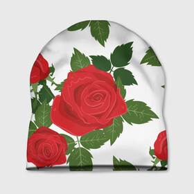 Шапка 3D с принтом Большие розы в Санкт-Петербурге, 100% полиэстер | универсальный размер, печать по всей поверхности изделия | арт | белый | большие бутоны | большие розы | большой бутон | зелёный | красная роза | красные розы | красные цветы | красный | красный цветок | листок | листья | поле | поле цветов | рисунок | роза