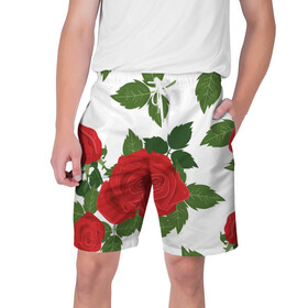 Мужские шорты 3D с принтом Большие розы в Санкт-Петербурге,  полиэстер 100% | прямой крой, два кармана без застежек по бокам. Мягкая трикотажная резинка на поясе, внутри которой широкие завязки. Длина чуть выше колен | Тематика изображения на принте: арт | белый | большие бутоны | большие розы | большой бутон | зелёный | красная роза | красные розы | красные цветы | красный | красный цветок | листок | листья | поле | поле цветов | рисунок | роза