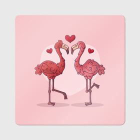 Магнит виниловый Квадрат с принтом Влюбленные Фламинго в Санкт-Петербурге, полимерный материал с магнитным слоем | размер 9*9 см, закругленные углы | love | любовь | птицы | сердца | фламинго