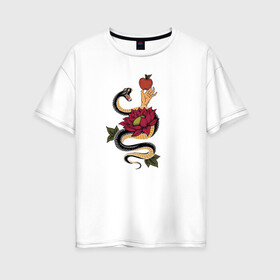 Женская футболка хлопок Oversize с принтом Адамово яблоко и змея в Санкт-Петербурге, 100% хлопок | свободный крой, круглый ворот, спущенный рукав, длина до линии бедер
 | яблоко змея рука цветок адамово яблоко змей зло.