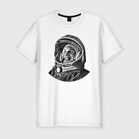 Мужская футболка хлопок Slim с принтом Поехали Ю.Г. в Санкт-Петербурге, 92% хлопок, 8% лайкра | приталенный силуэт, круглый вырез ворота, длина до линии бедра, короткий рукав | moon | арт | гагарин | день космонавтики | звезды | космонавт | космос | лого | луна | небо | планеты