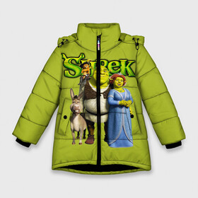 Зимняя куртка для девочек 3D с принтом Шрек/Shrek в Санкт-Петербурге, ткань верха — 100% полиэстер; подклад — 100% полиэстер, утеплитель — 100% полиэстер. | длина ниже бедра, удлиненная спинка, воротник стойка и отстегивающийся капюшон. Есть боковые карманы с листочкой на кнопках, утяжки по низу изделия и внутренний карман на молнии. 

Предусмотрены светоотражающий принт на спинке, радужный светоотражающий элемент на пуллере молнии и на резинке для утяжки. | cartoon | fiona | shrek | болото | детям | комедия | кот в сапогах | мультик | огр | осел | персонажи мультфильмов | тролль | фиона | шрек