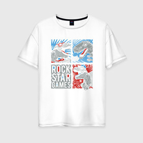 Женская футболка хлопок Oversize с принтом Rock Star Dino Динозавр геймер в Санкт-Петербурге, 100% хлопок | свободный крой, круглый ворот, спущенный рукав, длина до линии бедер
 | dino | games | roar | rock | rock star | t rex | дино | динозавр | динозавры | рок | рокер