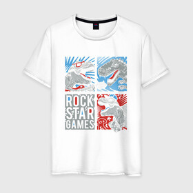 Мужская футболка хлопок с принтом Rock Star Dino Динозавр геймер в Санкт-Петербурге, 100% хлопок | прямой крой, круглый вырез горловины, длина до линии бедер, слегка спущенное плечо. | dino | games | roar | rock | rock star | t rex | дино | динозавр | динозавры | рок | рокер