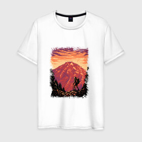 Мужская футболка хлопок с принтом Рассвет в горах в Санкт-Петербурге, 100% хлопок | прямой крой, круглый вырез горловины, длина до линии бедер, слегка спущенное плечо. | горы | деревья | рассвет | туризм | турист