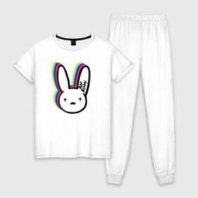 Женская пижама хлопок с принтом Bad Bunny logo в Санкт-Петербурге, 100% хлопок | брюки и футболка прямого кроя, без карманов, на брюках мягкая резинка на поясе и по низу штанин | bad bunny | benito antonio martnez ocasio | hip hop | latin trap | logo | music | rap | rnb | singer | star | бенито антонио мартинес окасио | звезда | латинский трэп | логотип | музыка | певец | рнб | рэп | хип хоп