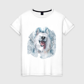 Женская футболка хлопок с принтом Самоед в Санкт-Петербурге, 100% хлопок | прямой крой, круглый вырез горловины, длина до линии бедер, слегка спущенное плечо | животные | лайка | питомцы | самоед | самоедская лайка | собака | собаки