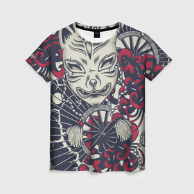 Женская футболка 3D с принтом Кицунэ | Маска лисы (Z) в Санкт-Петербурге, 100% полиэфир ( синтетическое хлопкоподобное полотно) | прямой крой, круглый вырез горловины, длина до линии бедер | fox | japan | кицунэ | лиса | традиции | традиция | япония | японская | японская традиции