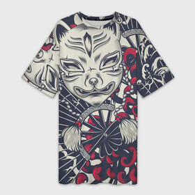 Платье-футболка 3D с принтом Кицунэ | Маска лисы (Z) в Санкт-Петербурге,  |  | fox | japan | кицунэ | лиса | традиции | традиция | япония | японская | японская традиции
