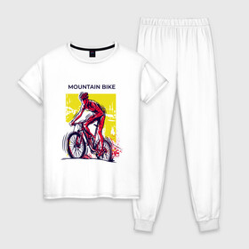 Женская пижама хлопок с принтом Mountain Bike велосипедист в Санкт-Петербурге, 100% хлопок | брюки и футболка прямого кроя, без карманов, на брюках мягкая резинка на поясе и по низу штанин | Тематика изображения на принте: bicycle sport | bmx | country | cross | extreme | flatland | track | байк | велокросс | велосипедный спорт | горный велосипед | кросс | кросс кантри | трайк | трек | триал | флэтлэнд | фрирайд | шоссейные велоспорт
