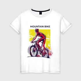 Женская футболка хлопок с принтом Mountain Bike велосипедист в Санкт-Петербурге, 100% хлопок | прямой крой, круглый вырез горловины, длина до линии бедер, слегка спущенное плечо | bicycle sport | bmx | country | cross | extreme | flatland | track | байк | велокросс | велосипедный спорт | горный велосипед | кросс | кросс кантри | трайк | трек | триал | флэтлэнд | фрирайд | шоссейные велоспорт