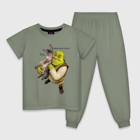 Детская пижама хлопок с принтом Shrek-Donkey в Санкт-Петербурге, 100% хлопок |  брюки и футболка прямого кроя, без карманов, на брюках мягкая резинка на поясе и по низу штанин
 | Тематика изображения на принте: dreamworks | shrek | арт | лого | мультфильм | постер | шрек