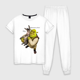 Женская пижама хлопок с принтом Shrek-Donkey в Санкт-Петербурге, 100% хлопок | брюки и футболка прямого кроя, без карманов, на брюках мягкая резинка на поясе и по низу штанин | dreamworks | shrek | арт | лого | мультфильм | постер | шрек